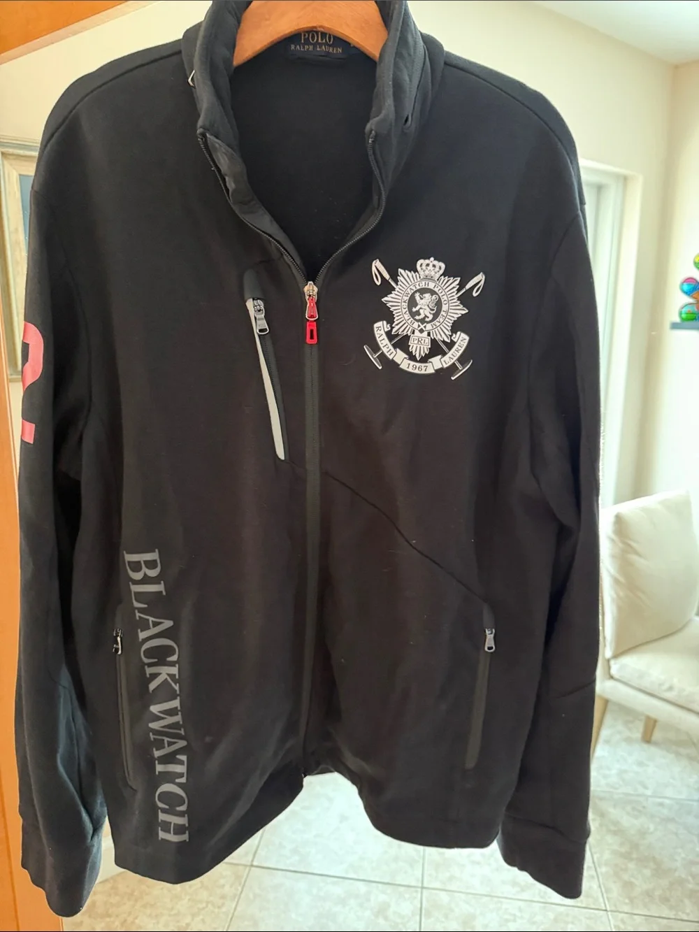 Polo by Ralph Lauren Black Full-Zip Crest Jacket with Red Sleeve Detail
